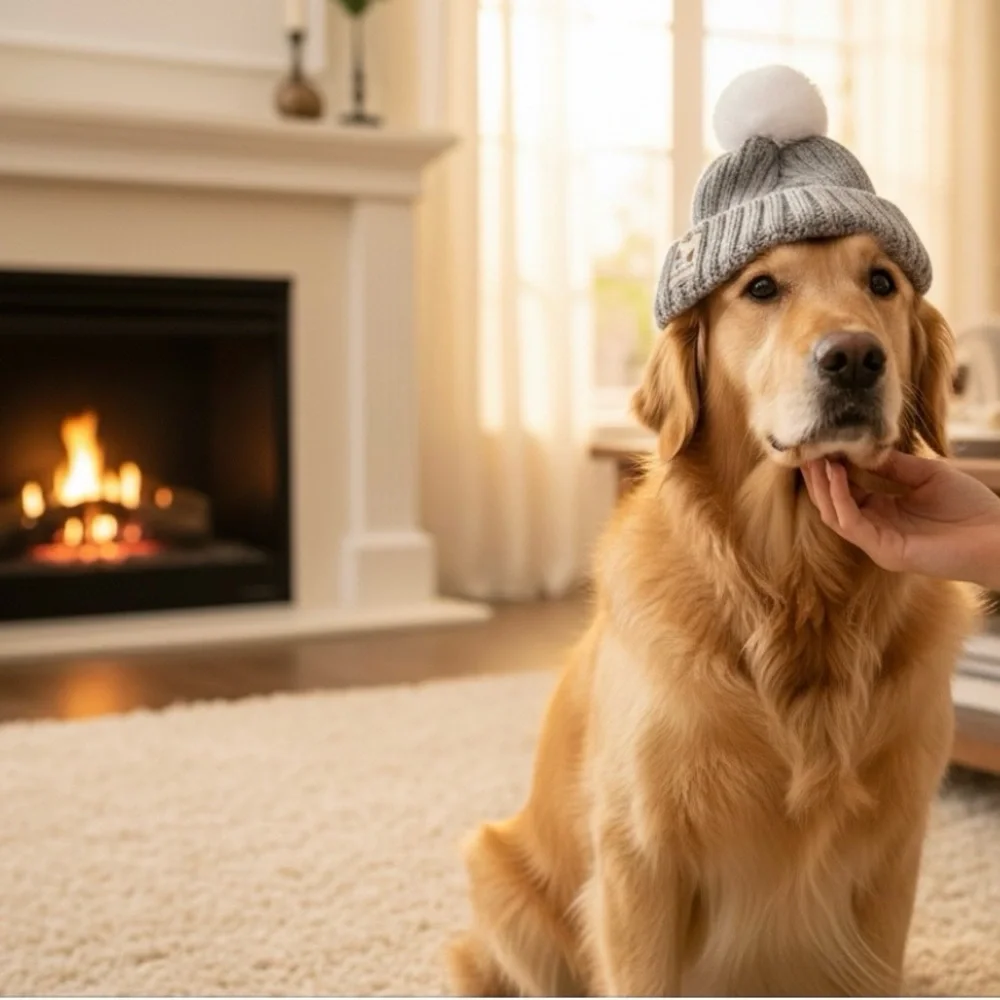 HAPPY DOOOOOG Soft Knit Dog Hat w/Pom Trim, Ear Holes + Chin Strap in Grey - NWT - Picture 9 of 13